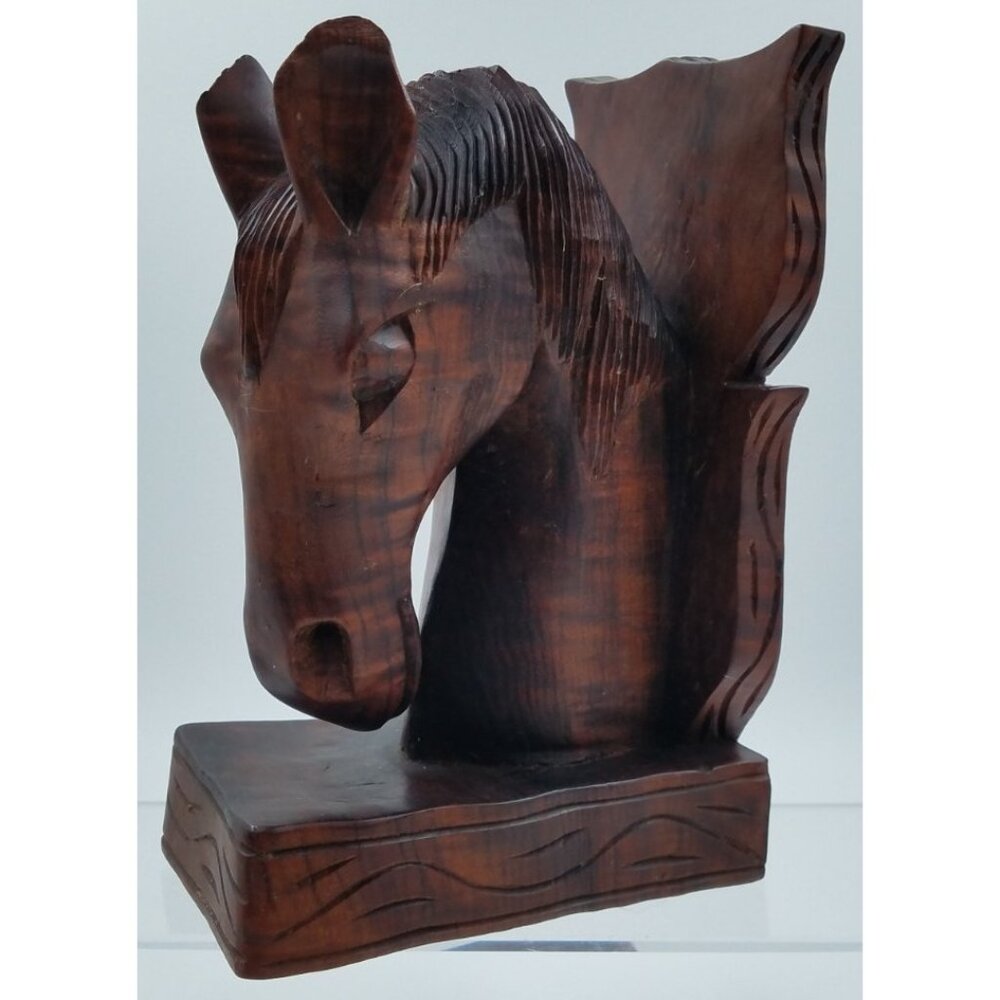 Wooden Horse Head Single Bookend Hand Carved Book Stop Collectible 7.5" Tall